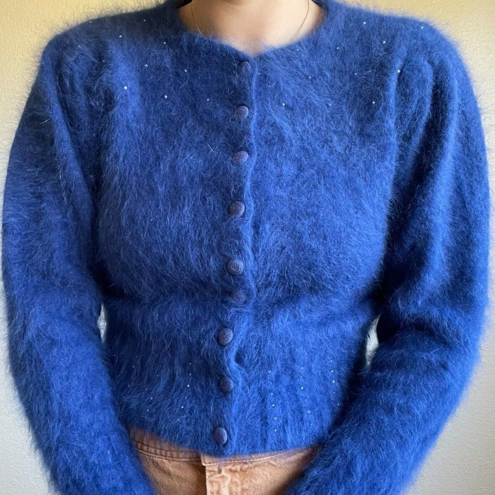 Womens Cobalt Blue Angora Blend Fluffy Fuzzy Soft Sexy Cardigan Sz XS